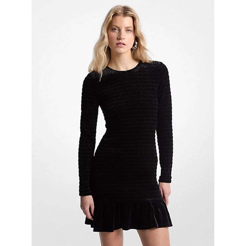 NEW Michael Kors Smocked Stretch Velvet Ruffle Mini Dress‎ Black Small